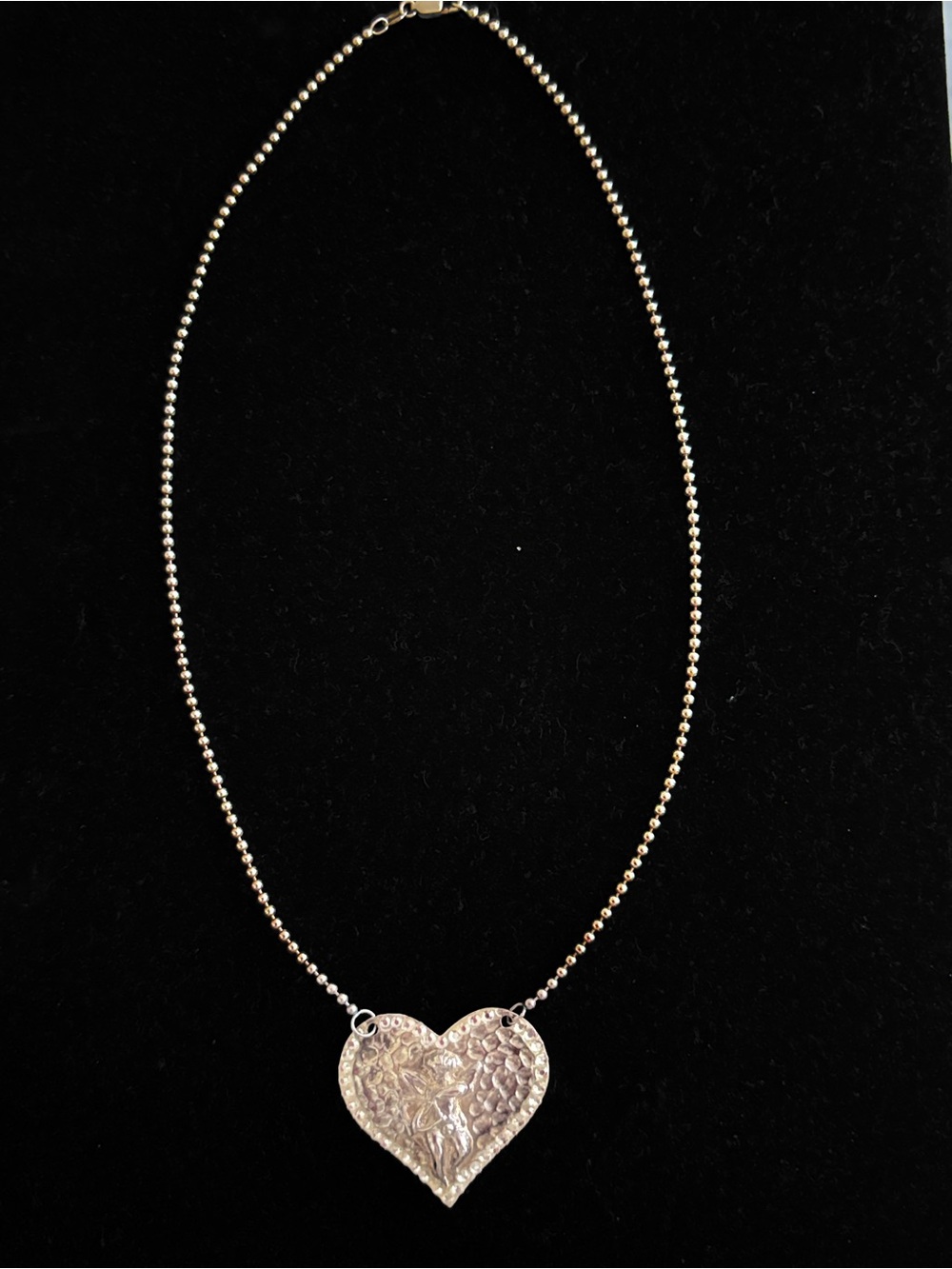 925 Silver Large Hammered Heart Pendant Necklace on Beaded Chain 18”
